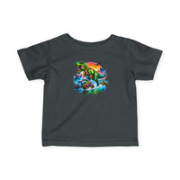 Dino Truck Baby Tee: Charcoal-gray infant T-shirt featuring a vivid neon-style roaring T. rex over a monster truck, set against a colorful sunset backdrop. Ribbed, durable, and soft.