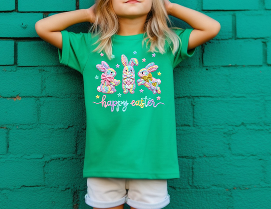 Easter Bunny Toddler Tee featuring pastel bunnies and happy easter script, perfect for sensitive skin.