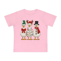 Children's light pink Christmas Geese Baby Tee featuring three festive cartoon ducks in holiday attire, made from soft, shrink-resistant cotton, ideal for baby's stylish first steps.