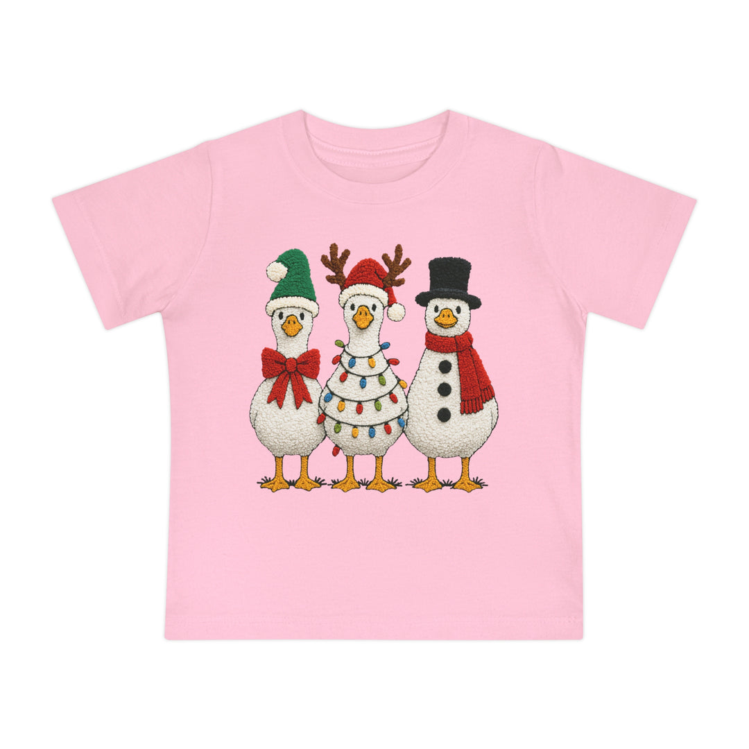 Christmas Geese Baby Tee featuring cartoon birds in festive attire: Santa hat, reindeer antlers with lights, and snowman style. Ideal for stylish, comfortable baby wear.