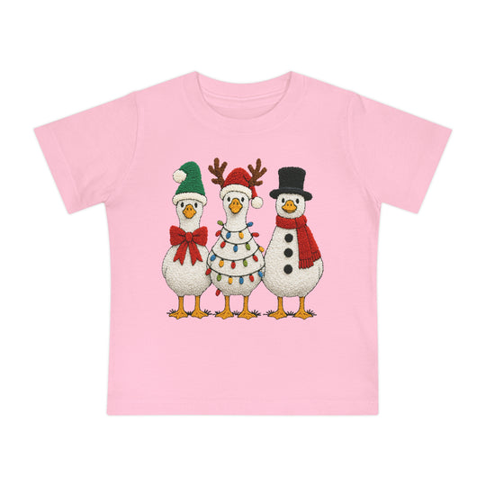 Christmas Geese Baby Tee featuring cartoon birds in festive attire: Santa hat, reindeer antlers with lights, and snowman style. Ideal for stylish, comfortable baby wear.