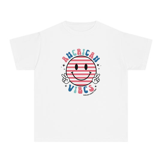 American Vibes Youth Tee: A white t-shirt featuring a smiley face logo, designed for active kids. 100% combed ringspun cotton, soft-washed, and garment-dyed for comfort and durability. Classic fit for all-day wear.