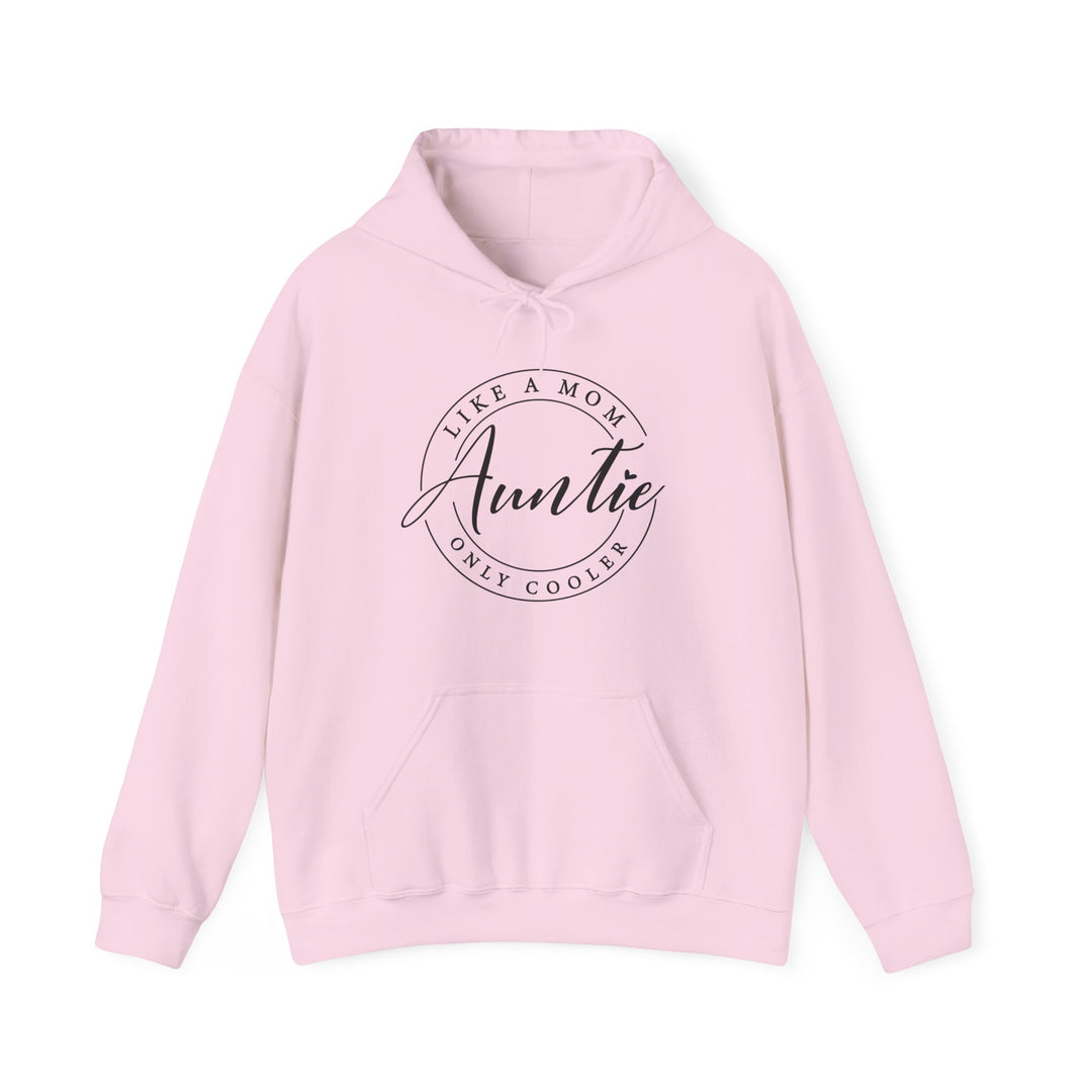 Auntie Hoodie: Pink sweatshirt featuring black text, unisex design with a kangaroo pocket and matching drawstring. Made from a cotton-polyester blend for comfort and warmth.