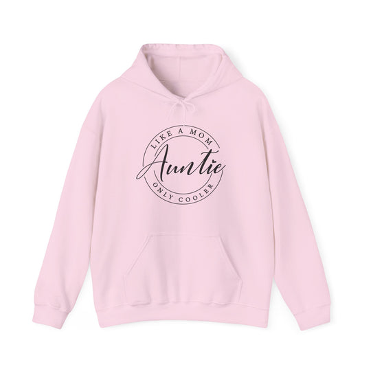 Auntie Hoodie: Pink sweatshirt featuring black text, unisex design with a kangaroo pocket and matching drawstring. Made from a cotton-polyester blend for comfort and warmth.