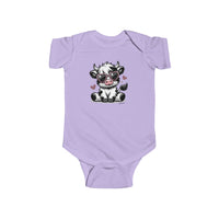 A baby bodysuit featuring a cute cow wearing sunglasses. Made of 100% cotton, with ribbed knitting for durability and plastic snaps for easy changing. From Worlds Worst Tees.
