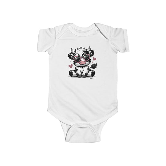 A white baby bodysuit featuring a cartoon cow wearing sunglasses, perfect for infants. Made of 100% cotton, with ribbed knitting for durability and plastic snaps for easy changing. Title: Cute Cow Onesie.