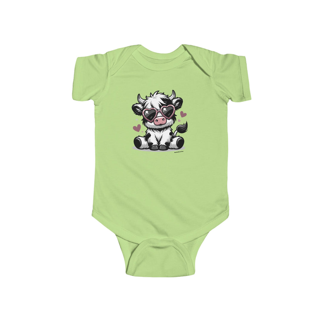 A durable and soft infant fine jersey bodysuit featuring a cute cow wearing sunglasses. Made of 100% cotton fabric with ribbed knitting for durability and plastic snaps for easy changing access. From 'Worlds Worst Tees'.