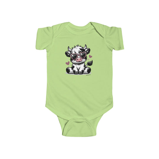 A durable and soft infant fine jersey bodysuit featuring a cute cow wearing sunglasses. Made of 100% cotton fabric with ribbed knitting for durability and plastic snaps for easy changing access. From 'Worlds Worst Tees'.