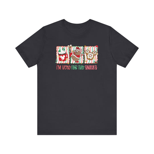 Here for the Snacks Tee featuring candy-cane framed festive graphics: a peppermint mug, holiday mouse with candy canes, and Mickey-shaped treat, plus playful slogan.