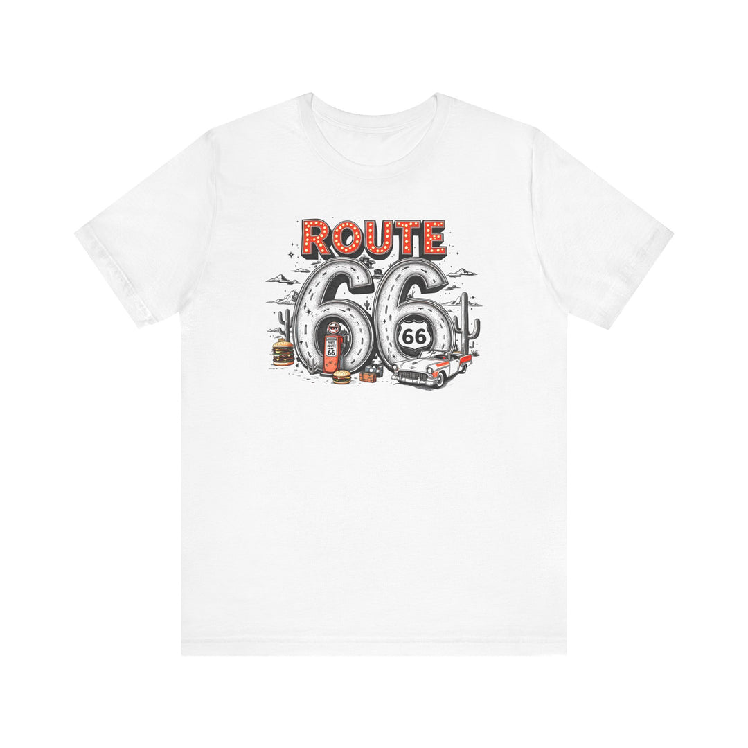 Route 66 Tee, a classic unisex jersey short sleeve shirt, features a comfortable fit with ribbed knit collars and durable dual side seams.