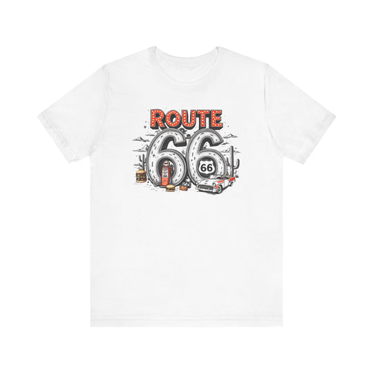 Route 66 Tee, a classic unisex jersey short sleeve shirt, features a comfortable fit with ribbed knit collars and durable dual side seams.