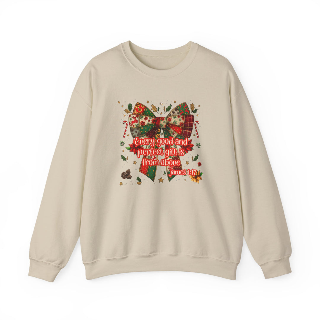 Gift from Above Crew sweatshirt featuring a festive patchwork bow design with holly, stars, and a Bible verse, ideal for cozy, stylish wear.
