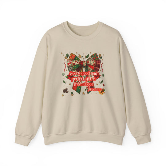 Gift from Above Crew sweatshirt featuring a festive patchwork bow design with holly, stars, and a Bible verse, ideal for cozy, stylish wear.
