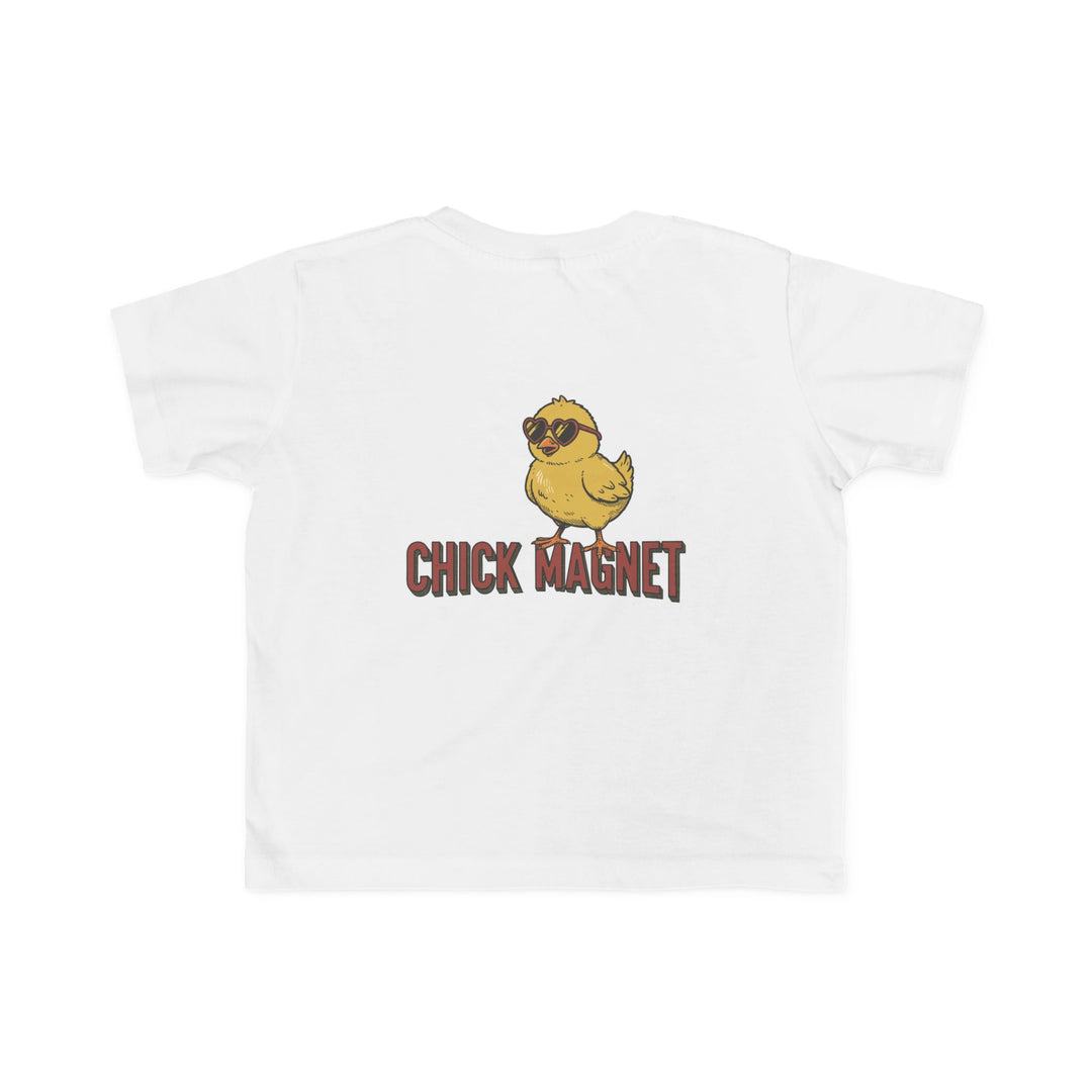 Chick Magnet Toddler Tee features a cartoon chick with heart sunglasses and slogan on back. Soft, durable cotton, perfect for toddlers.