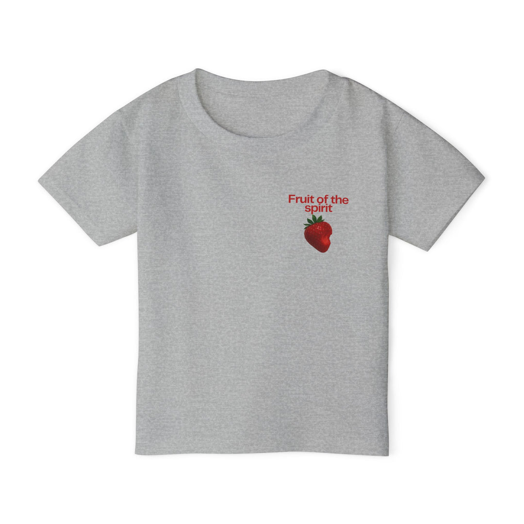 Fruit of the Spirit Toddler Tee: light-gray, short-sleeve with “Fruit of the spirit” and strawberry graphic on chest, 100% cotton, eco-friendly, classic fit.