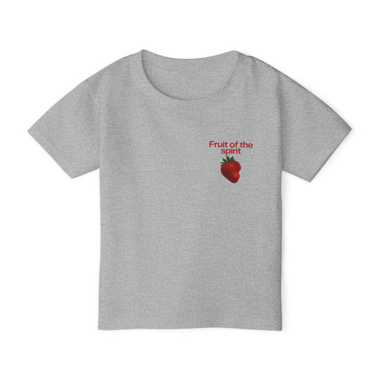 Fruit of the Spirit Toddler Tee: light-gray, short-sleeve with “Fruit of the spirit” and strawberry graphic on chest, 100% cotton, eco-friendly, classic fit.