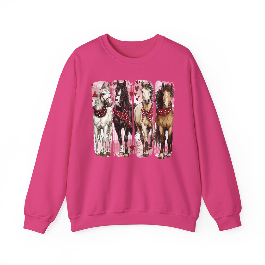 Horse Valentine Crew sweatshirt with four horses in red bandanas, featuring heart patterns. Comfortable, unisex, cotton-polyester blend with ribbed collar, available in various sizes.