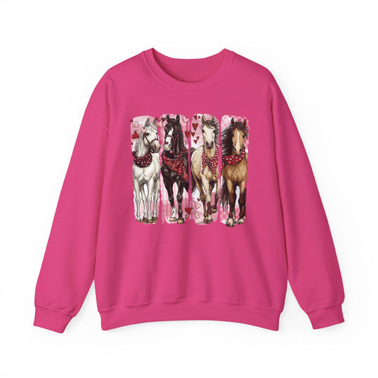 Horse Valentine Crew sweatshirt with four horses in red bandanas, featuring heart patterns. Comfortable, unisex, cotton-polyester blend with ribbed collar, available in various sizes.