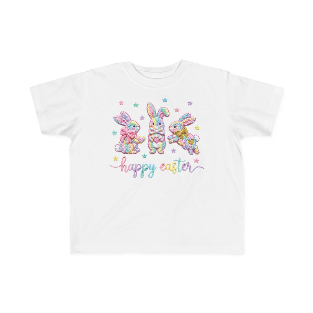 Easter Bunny Toddler Tee with pastel bunnies and stars, featuring happy easter text. Soft, durable cotton, perfect for toddlers' sensitive skin.