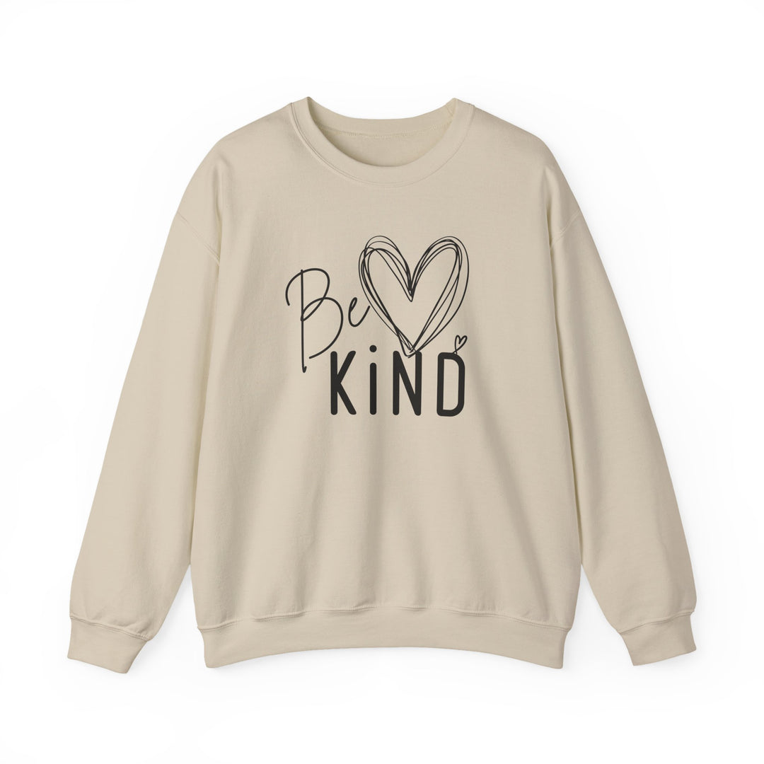 Light-beige sweatshirt with Be ♥ KiND graphic, ribbed cuffs, and hem, showcasing a blend of comfort and style from Faith Family Designs.