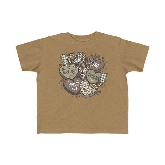 Boy Valentine Toddler Tee features a buck’s head with conversation hearts and symbols, ideal for toddlers. Soft cotton, high-quality print, classic fit.