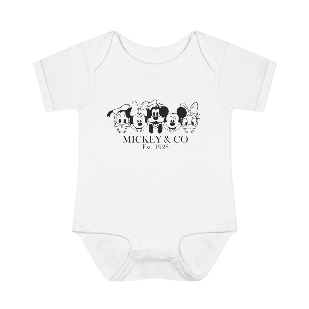 Mickey and CO Onesie: Infant unisex bodysuit with soft, 100% ring-spun cotton fabric, lap shoulders for easy adjustments, showcasing comfort and practicality for young children.