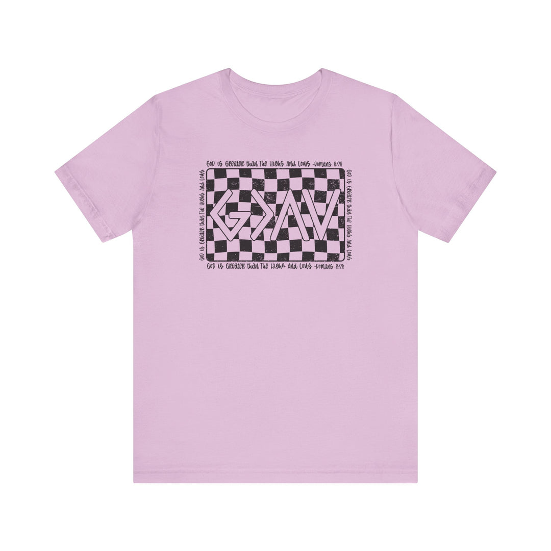 God Highs and Lows Tee with black and white checkered design, featuring a classic unisex fit and ribbed knit collar for lasting shape retention.