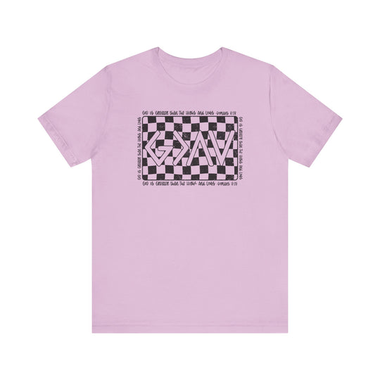God Highs and Lows Tee with black and white checkered design, featuring a classic unisex fit and ribbed knit collar for lasting shape retention.