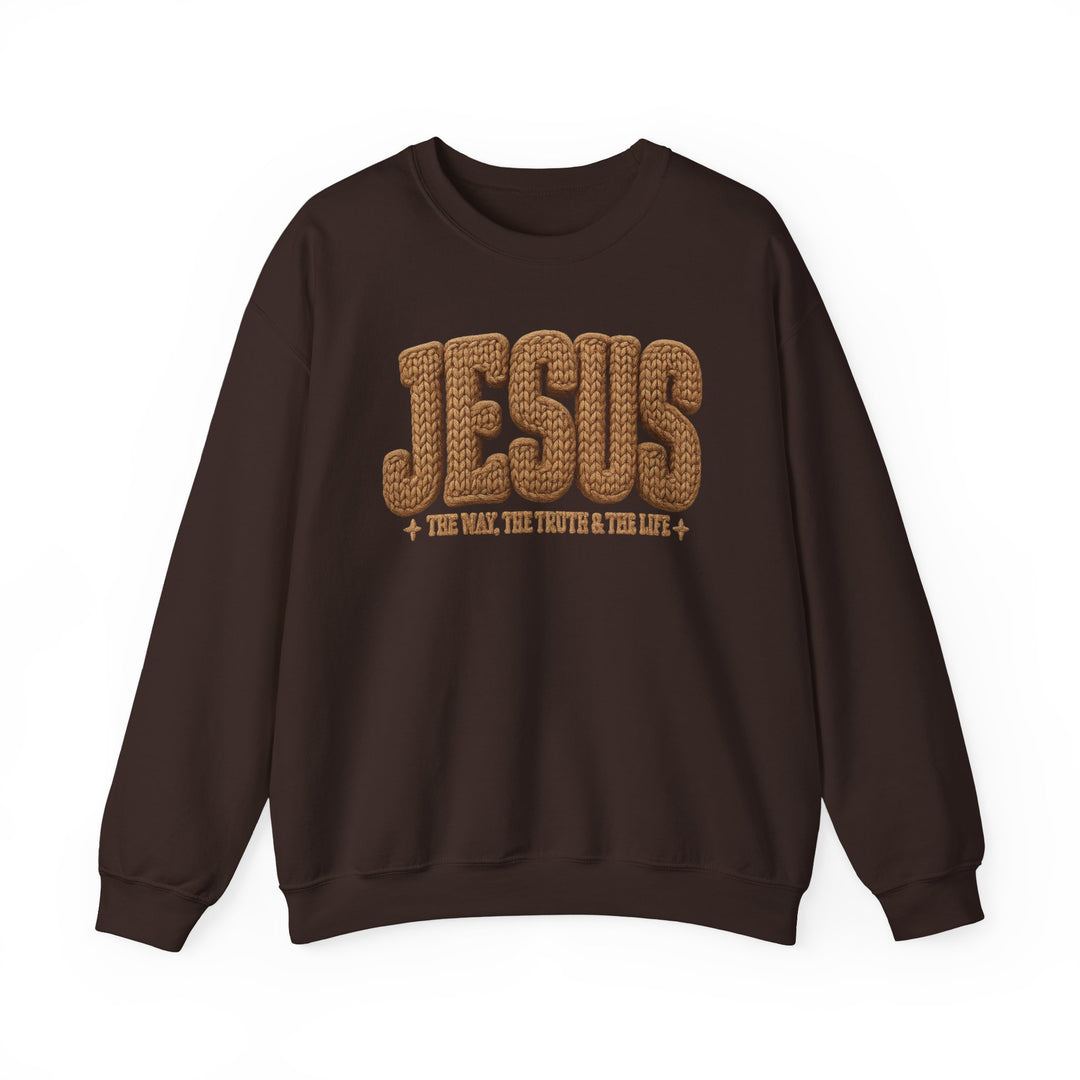 Brown Jesus Crew sweatshirt with JESUS in chunky font, featuring The Way, The Truth & The Life below, ideal for comfort and style.