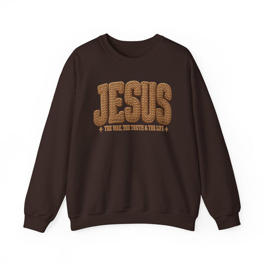 Brown Jesus Crew sweatshirt with JESUS in chunky font, featuring The Way, The Truth & The Life below, ideal for comfort and style.