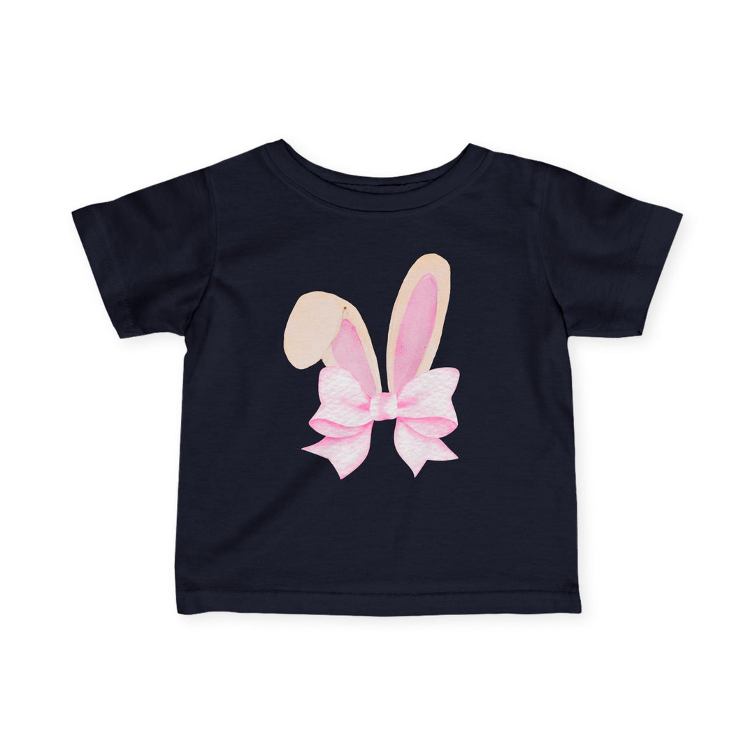 Bunny Bow Baby Tee: Navy blue children's T-shirt with watercolor-style bunny ears and pastel-pink bow graphic, designed for comfort and durability with soft, ring-spun cotton.