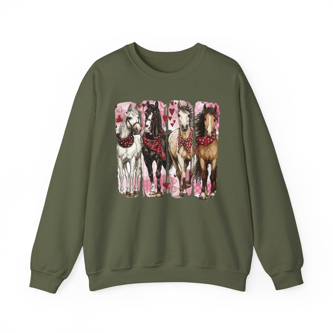 Horse Valentine Crew sweatshirt with four horses wearing red bandanas on a pink checkered background, featuring a comfortable, loose fit in a cotton-polyester blend.