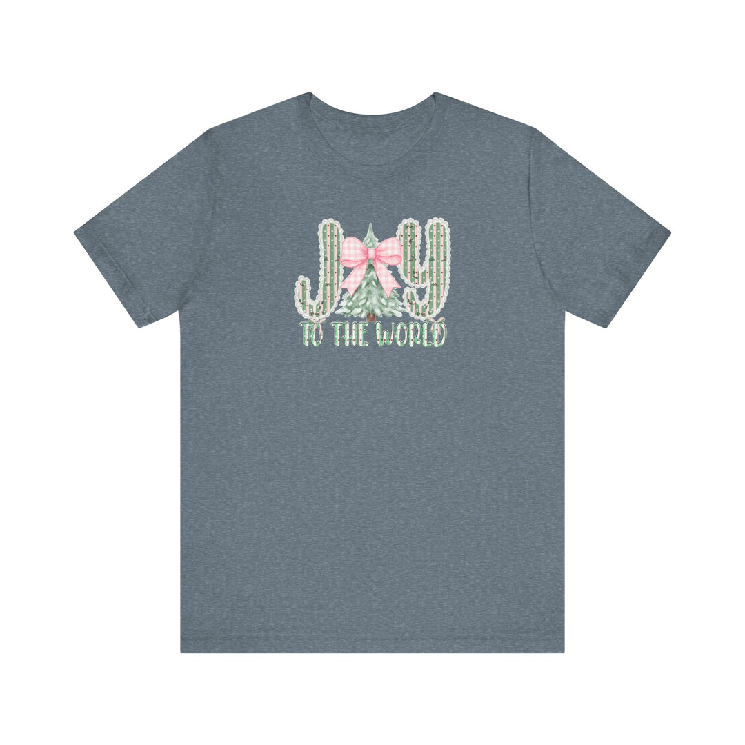 Joy to the World Tee with festive cactus and tree design, scalloped letters, soft cotton, ribbed collar, and durable fit.