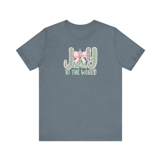 Joy to the World Tee with festive cactus and tree design, scalloped letters, soft cotton, ribbed collar, and durable fit.