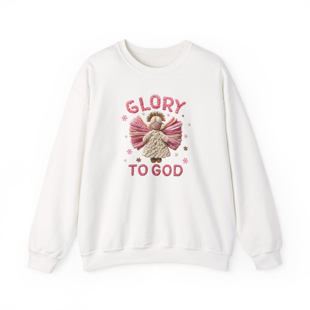 White crewneck sweatshirt featuring a festive embroidered angel with pink wings and GLORY TO GOD text, highlighting comfort and durability for colder months.