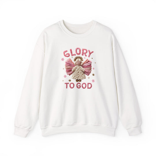 White crewneck sweatshirt featuring a festive embroidered angel with pink wings and GLORY TO GOD text, highlighting comfort and durability for colder months.