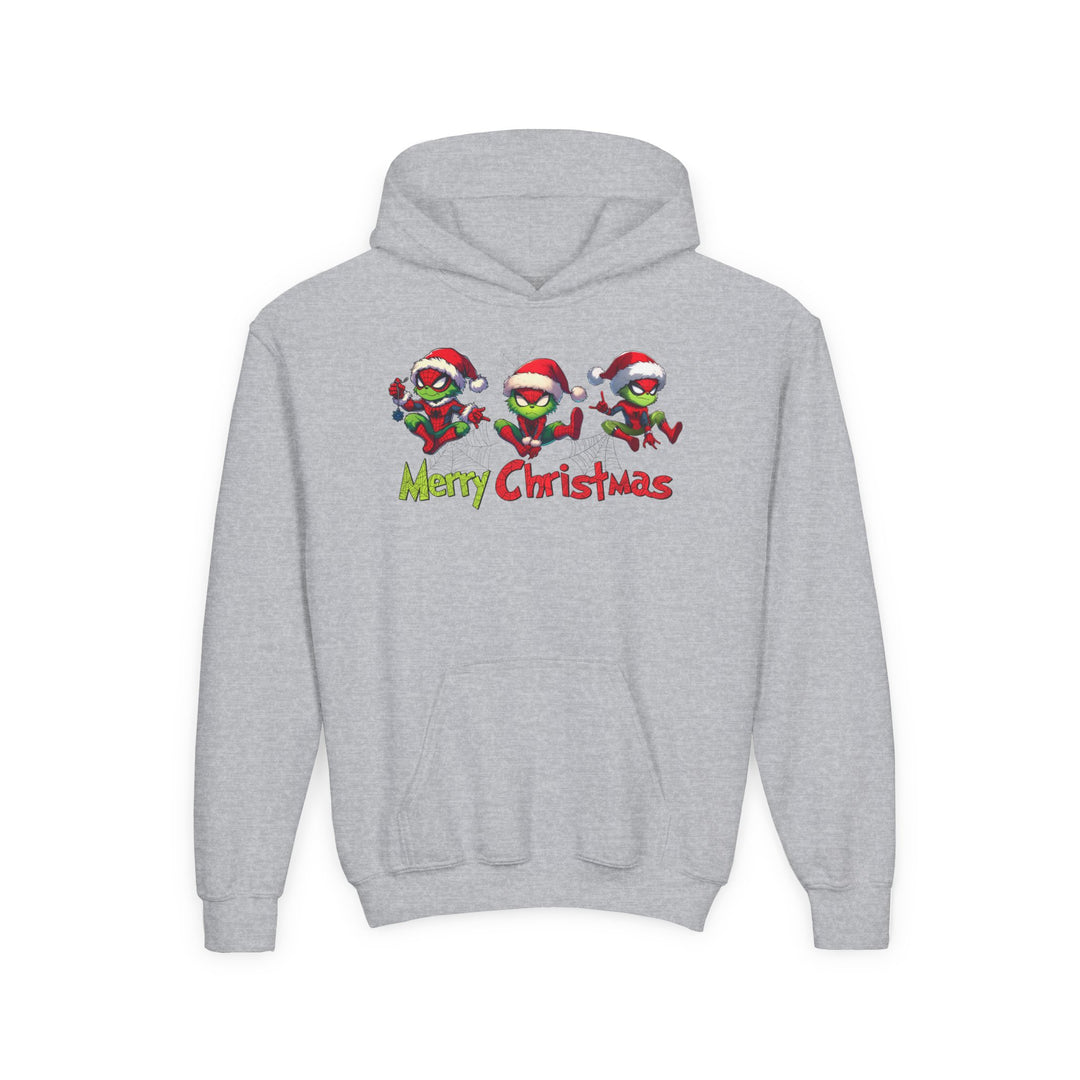 Spider Youth Hoodie with festive Grinch-like characters in Santa hats, playful poses, Merry Christmas text. Ultra-soft fleece, kangaroo pocket, youth-sized.