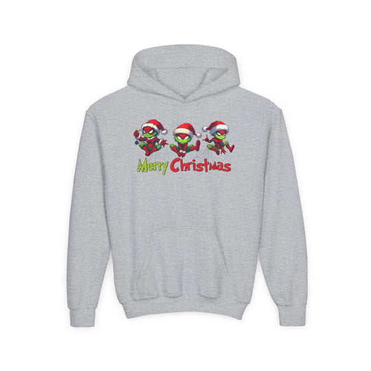 Spider Youth Hoodie with festive Grinch-like characters in Santa hats, playful poses, Merry Christmas text. Ultra-soft fleece, kangaroo pocket, youth-sized.
