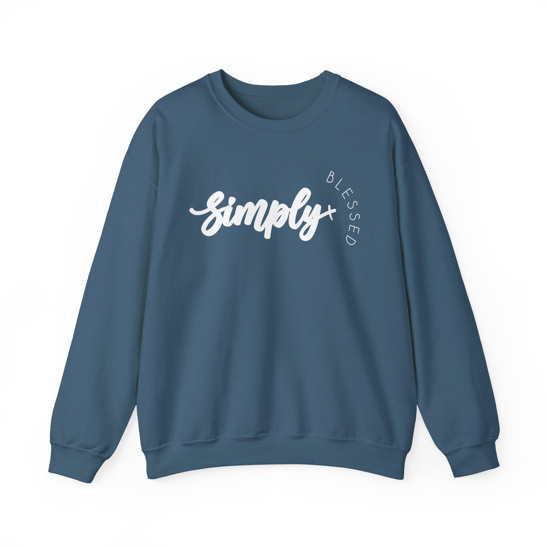 Simply Blessed Crew: Blue sweatshirt with white Simply Blessed text, featuring a comfortable, ribbed knit collar and seamless sides for a smooth fit.