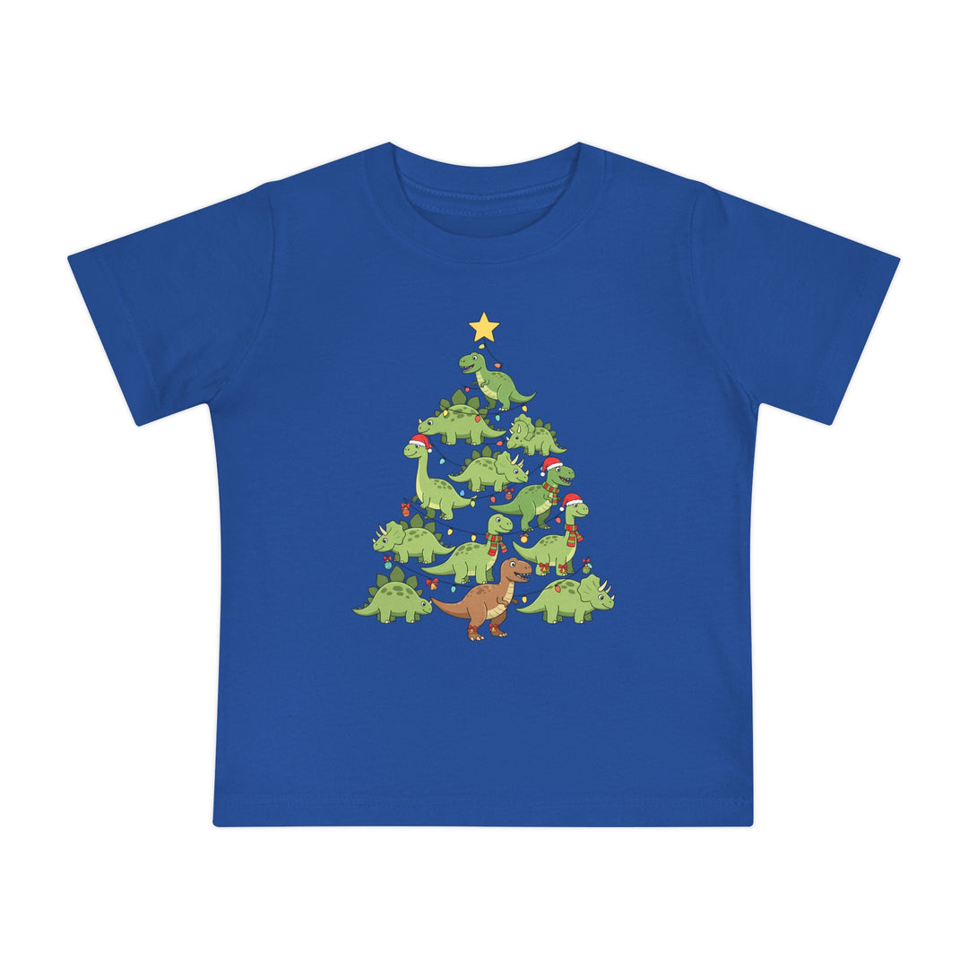 Dino Tree Baby Tee: A bright blue children's t-shirt featuring cartoon dinosaurs forming a festive Christmas tree, ideal for stylish, comfortable wear during the holiday season.