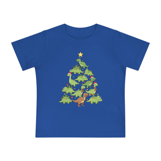 Dino Tree Baby Tee: A bright blue children's t-shirt featuring cartoon dinosaurs forming a festive Christmas tree, ideal for stylish, comfortable wear during the holiday season.