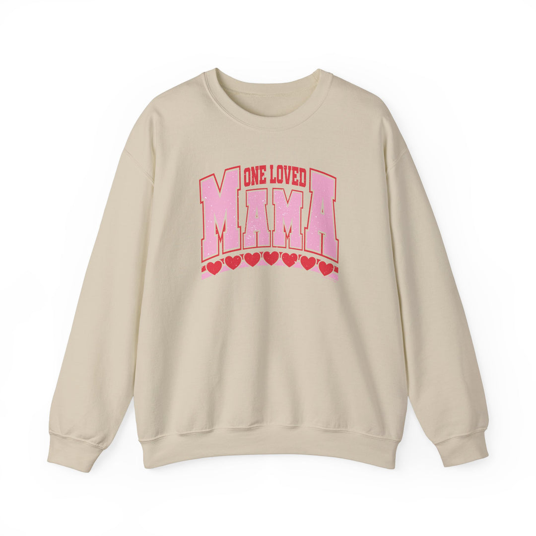One Loved Mama Crew beige sweatshirt featuring pink letters and hearts, offering a comfortable, loose fit with a ribbed knit collar.