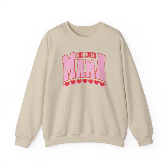 One Loved Mama Crew beige sweatshirt featuring pink letters and hearts, offering a comfortable, loose fit with a ribbed knit collar.