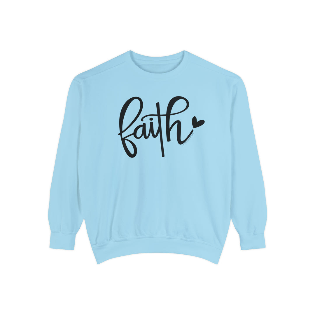 Unisex Faith Crew sweatshirt, garment-dyed with ring-spun cotton blend. Relaxed fit, rolled-forward shoulder, 3-end fleece fabric with cotton face. From Worlds Worst Tees.