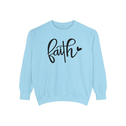 Unisex Faith Crew sweatshirt, garment-dyed with ring-spun cotton blend. Relaxed fit, rolled-forward shoulder, 3-end fleece fabric with cotton face. From Worlds Worst Tees.
