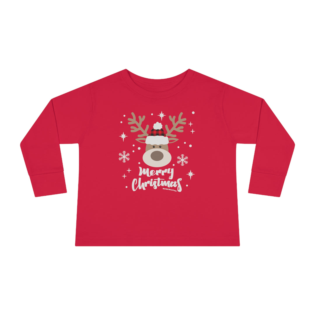 A custom toddler long-sleeve tee featuring a red shirt with a deer design. Made of 100% combed ringspun cotton for durability and comfort. Ideal for the youngest trendsetters.
