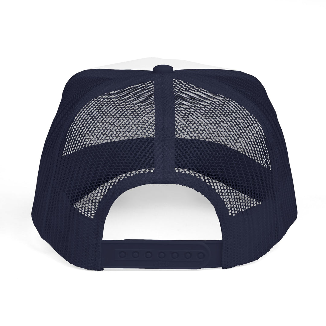 Bronco Trucker Cap's back view showcasing adjustable snap closure, mesh panels for ventilation, and a fabric-covered button at the crown on a white backdrop.