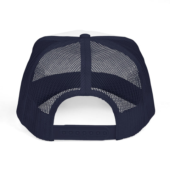 Bronco Trucker Cap's back view showcasing adjustable snap closure, mesh panels for ventilation, and a fabric-covered button at the crown on a white backdrop.