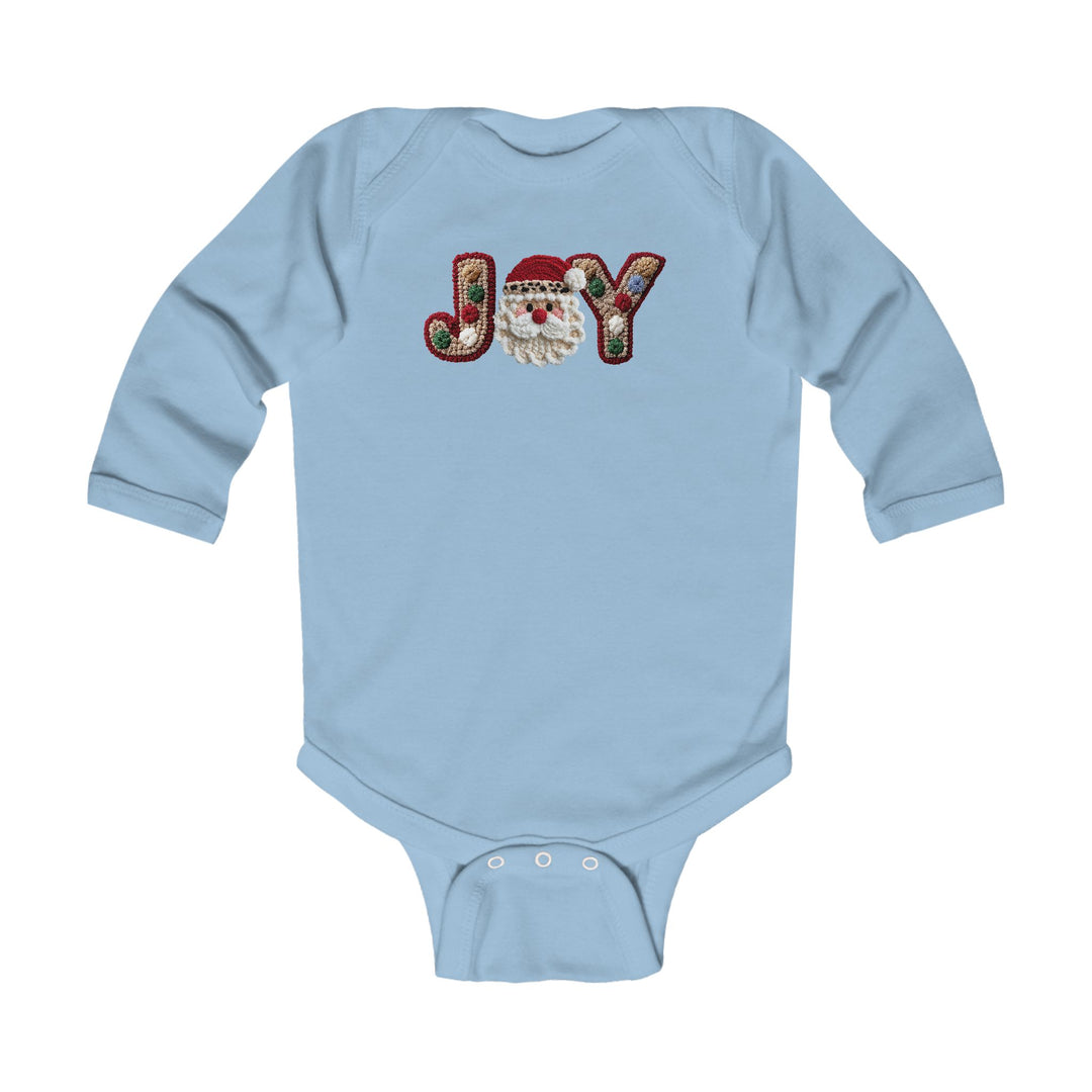 Light-blue Joy onesie with Santa-face motif, long sleeves, ribbed bindings, and plastic snaps, designed for infants' comfort and durability by Faith Family Designs.