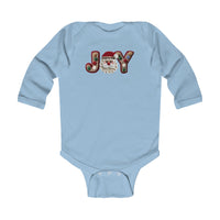 Light-blue Joy onesie with Santa-face motif, long sleeves, ribbed bindings, and plastic snaps, designed for infants' comfort and durability by Faith Family Designs.